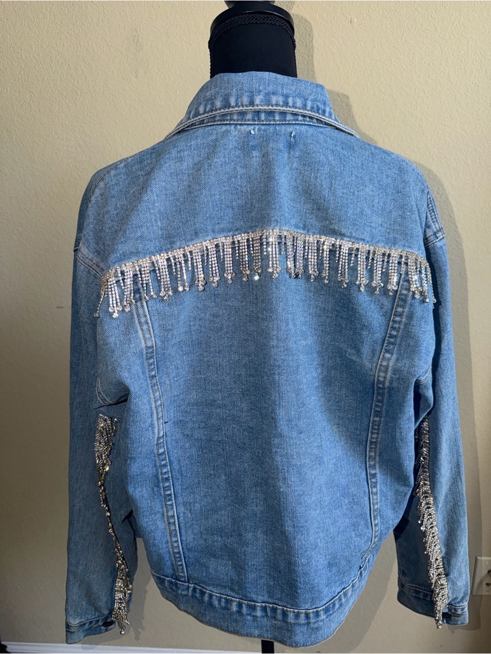 Superdown Light Blue Denim Jacket with Rhinestone Fringe - Picture 3 of 5